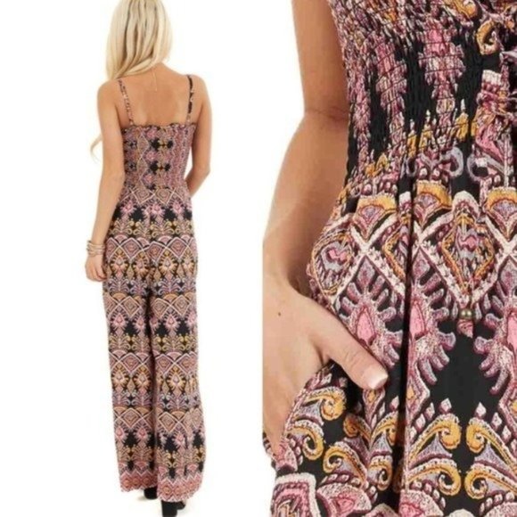 Black Floral Smocked Jumpsuit - Picture 3 of 3